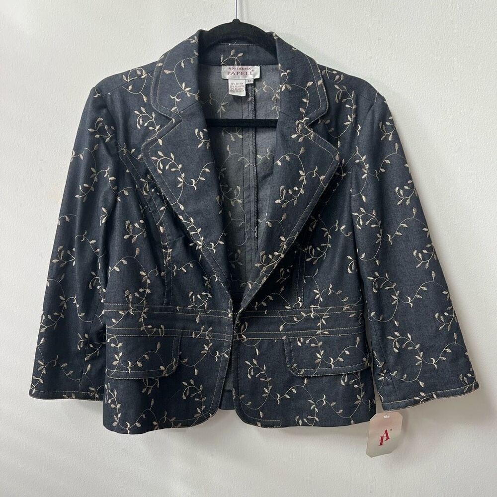 Adrianna Papell Embroidered Blazer Notched Collar Denim Coat Women's Dark Blue J